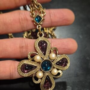1928 Gold-Tone Floral Pendant Necklace with Purple, Blue and Pearl Accents